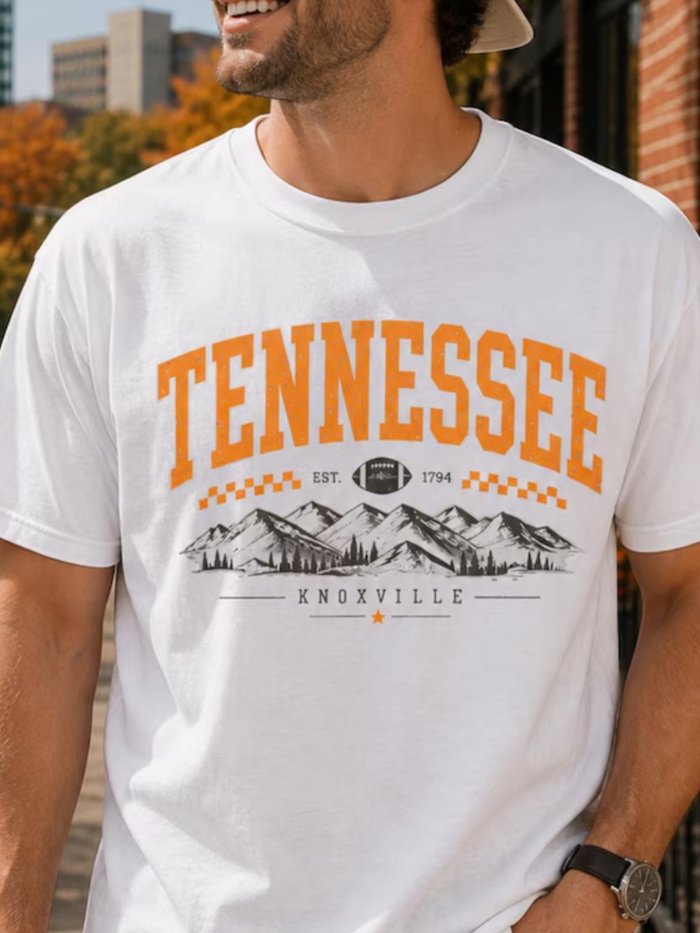 Tennessee Knoxville Graphic Tee, White with Orange Print, Vintage For Men’s